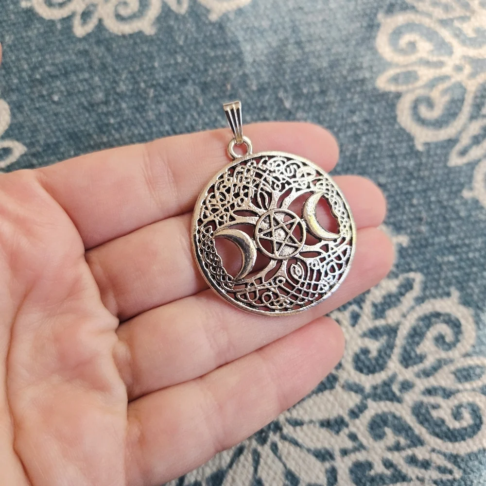 New Silver Tree of Life Pentagram Moon Pendant